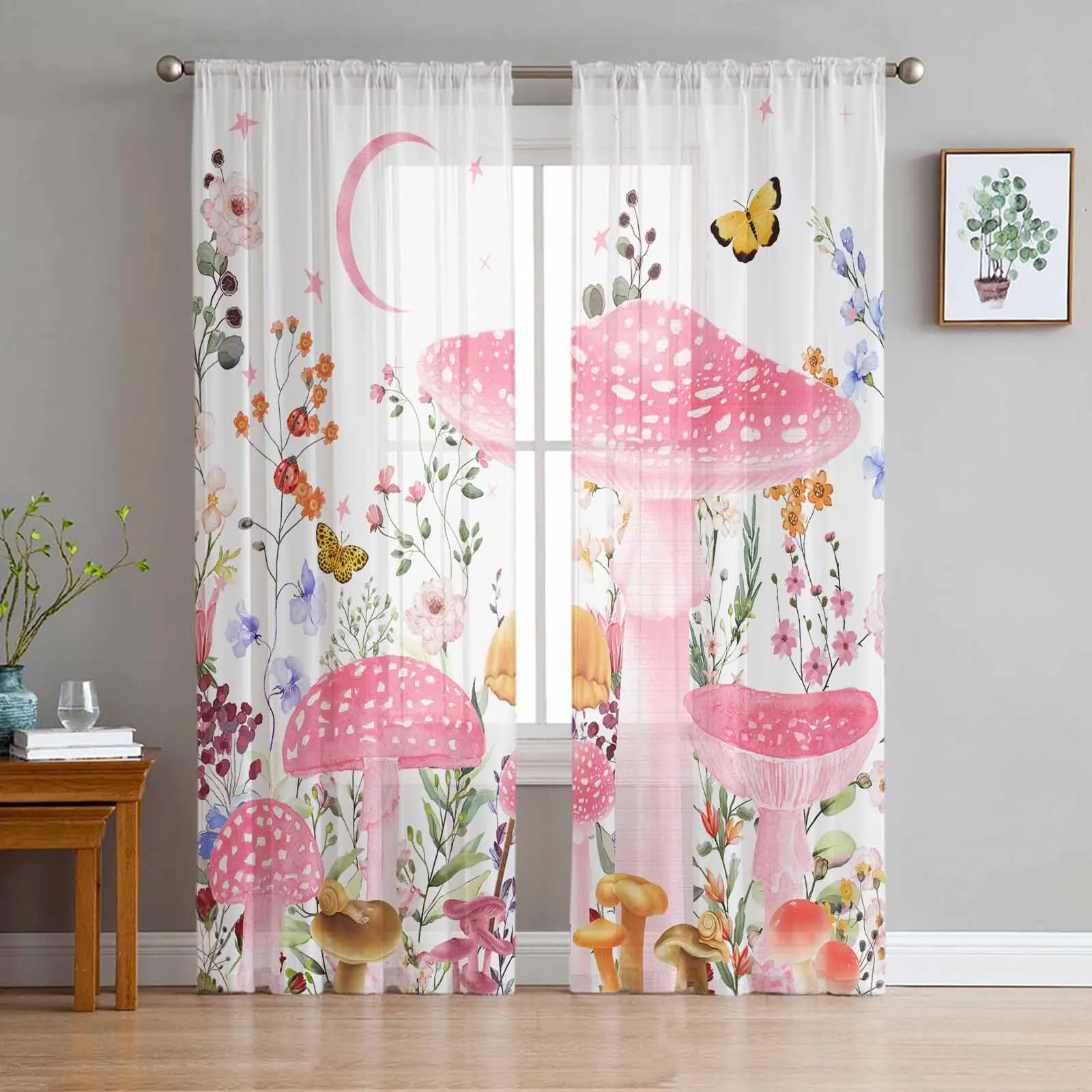 Pink Mushroom Plants Butterflymoon Watercolor Sheer Curtains for Living Room Decor Window Curtains Kitchen Tulle Voile Curtains