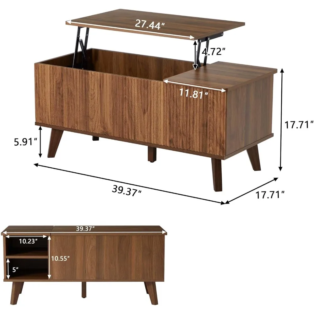 Wooden Fluted Lift Top Coffee Table with Hidden Compartment, Modern Rectangle Center Tables with Adjustable Storage Shelf, Lift
