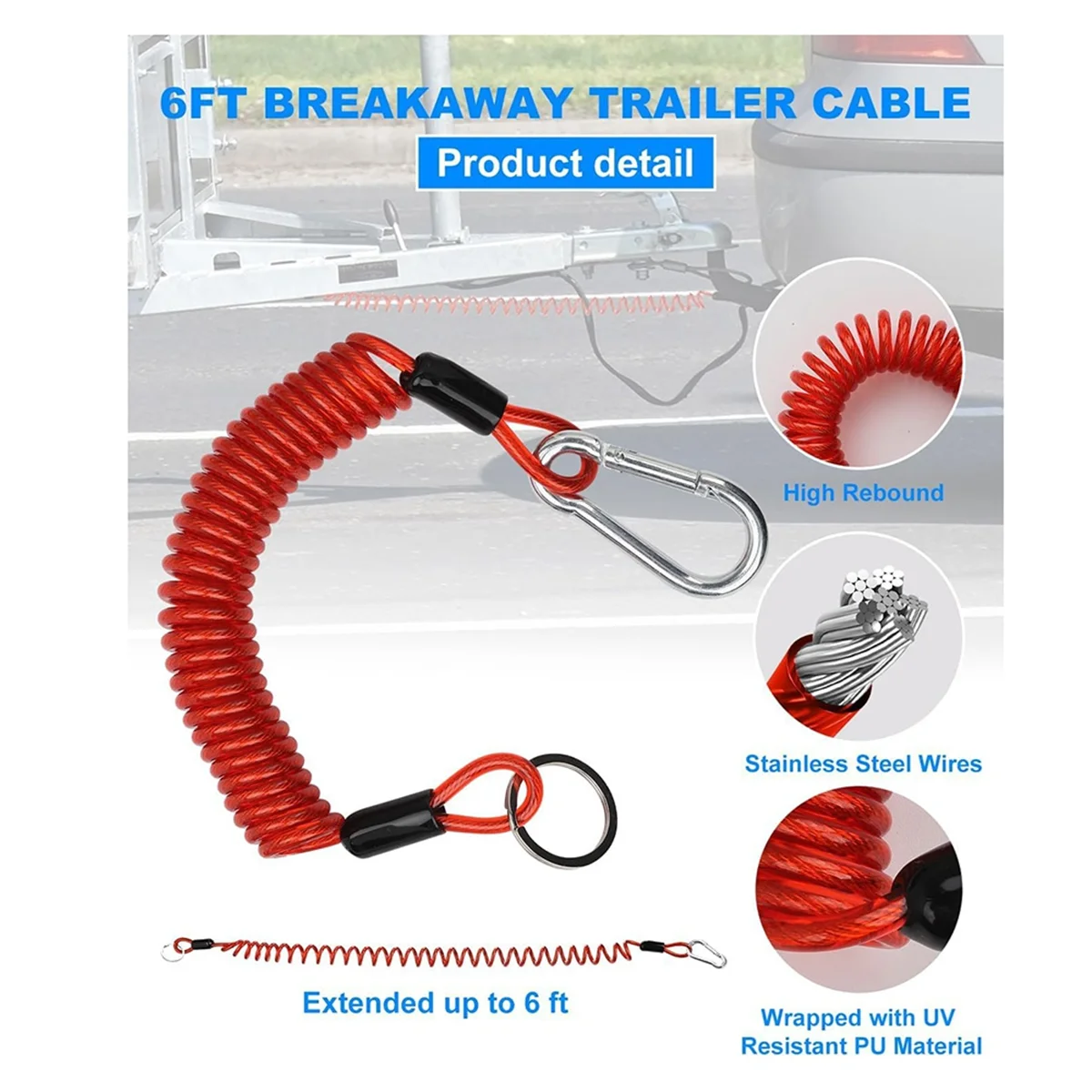 2PCS 6FT Breakaway Trailer Cable, Trailer Breakaway Safety Cable Spring Towing Coiled Wire for RV Trailer Campers