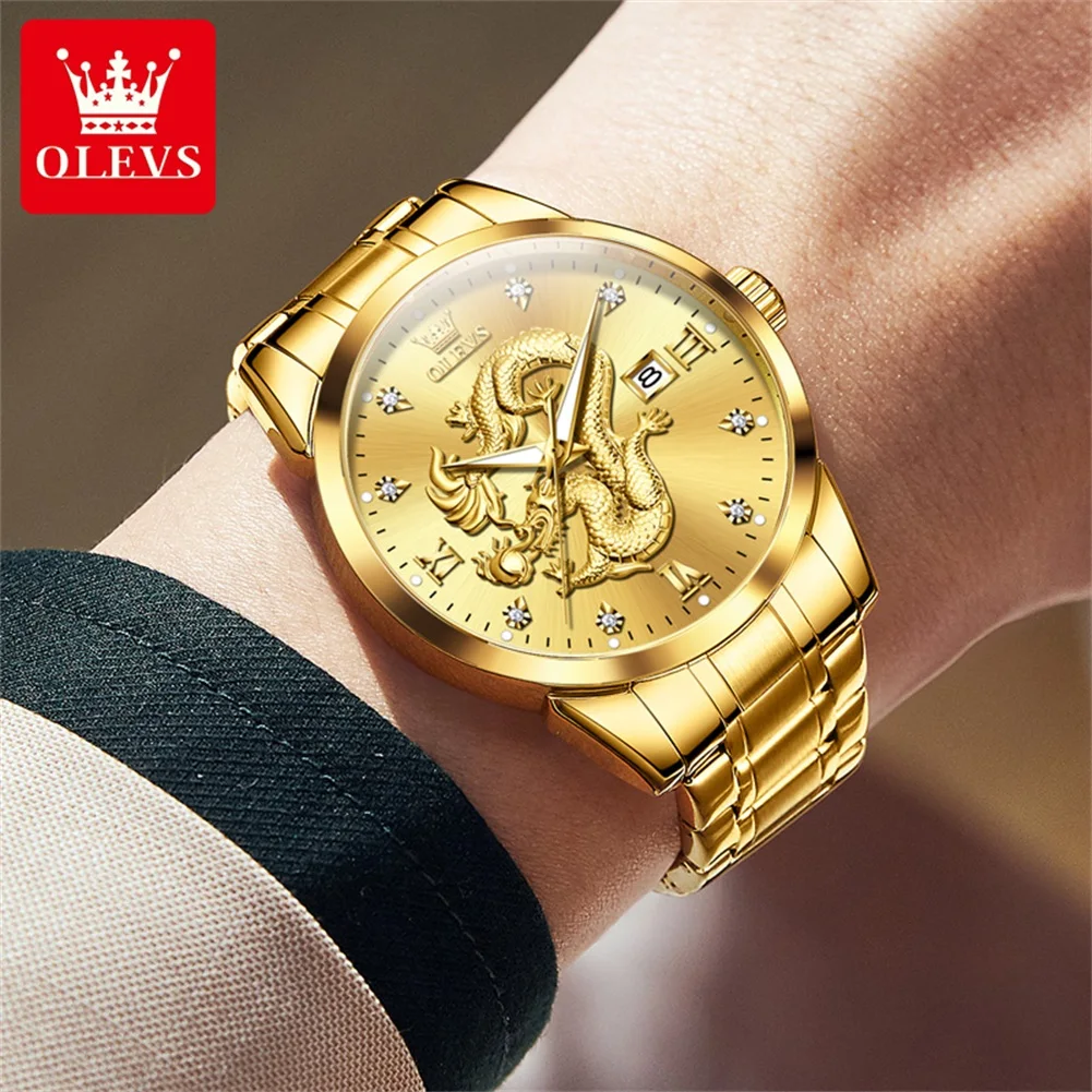 OLEVS Men\'s Watches Top Brand Fashion Original Quartz Watch for Man China Loong Dragon Dial Waterproof Luminous Date Olevs 3619