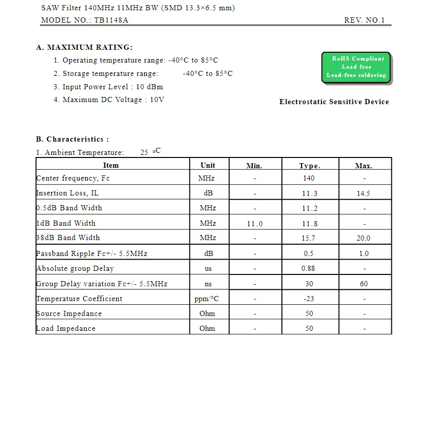 (2 قطعة) رمز TB1148A 1148 العلامة التجارية الجديدة الأصلية 140 ميجا هرتز 11 ميجا هرتز BW المعبأة SMD SAW مرشح في المخزون #2