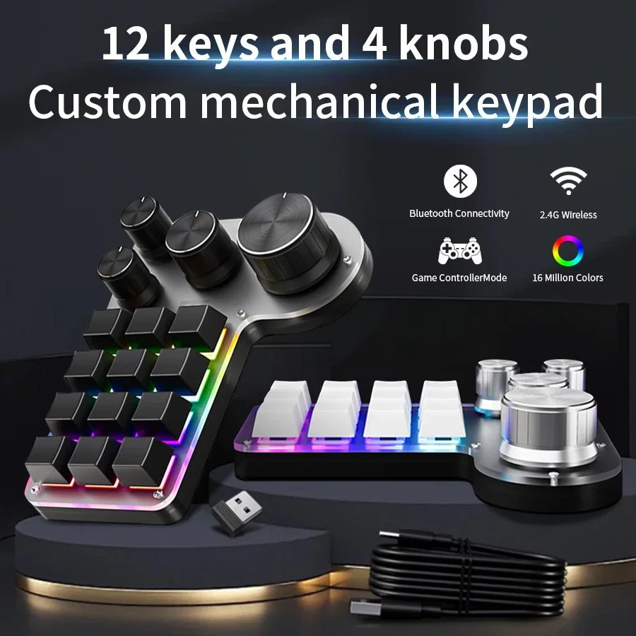 

2.4G/Bluetooth/wired RGB Program Macro Customization 4 Knobs 12 Keys Mechanical Keyboard Compatible with Windows/MAC Multi Scene
