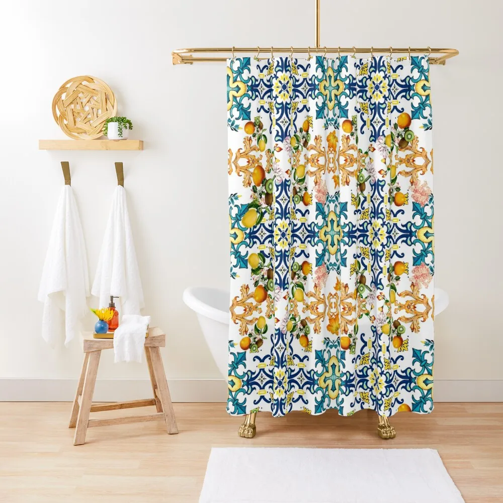 

Sicilian vintage blue tiles pattern with lemon and kiwi Shower Curtain Transparent Bathroom Shower Curtain