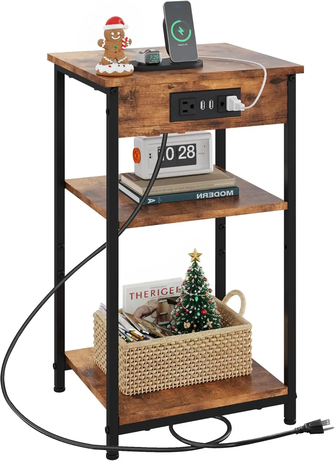 

Small End Table with Charging Station and 3 Shelves, Rustic Brown Night Stand for Living Room or Bedroom