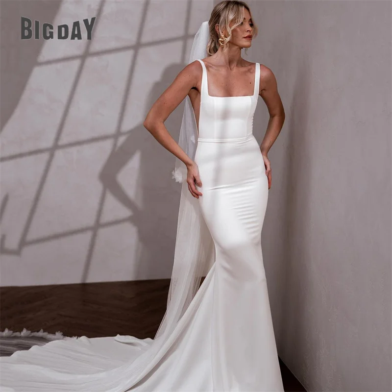 Elegant Mermaid Wedding Dresses Women Spaghetti Strap Open Back Square Collar Simple Bridal Gowns Sweep Train Vestidos De Noiva