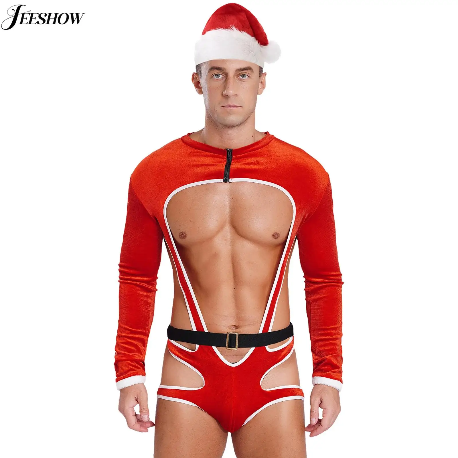 Disfraz sexy de Papá Noel para hombre, lencería navideña, traje de manga larga recortado con trasero abierto y sombreros de Papá Noel, trajes de 2 piezas