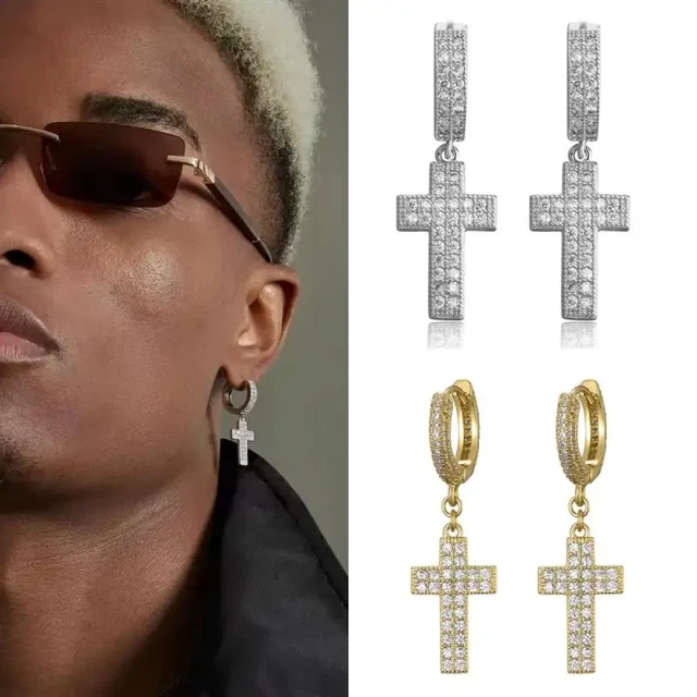 Hip Hop Ice Out Cross Pendant Earrings Circle Earrings Charm Men Hypoallergenic Earrings Rock Rap Trendy Party Jewelry Gifts AliExpress