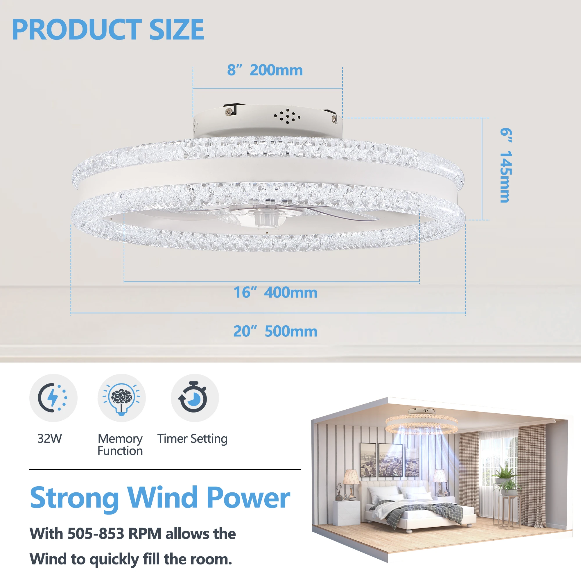 Ventilador de techo LED de doble anillo de lujo de 20" con luz, diseño moderno de montaje empotrado, iluminación regulable, ventilador silencioso de perfil bajo (blanco)