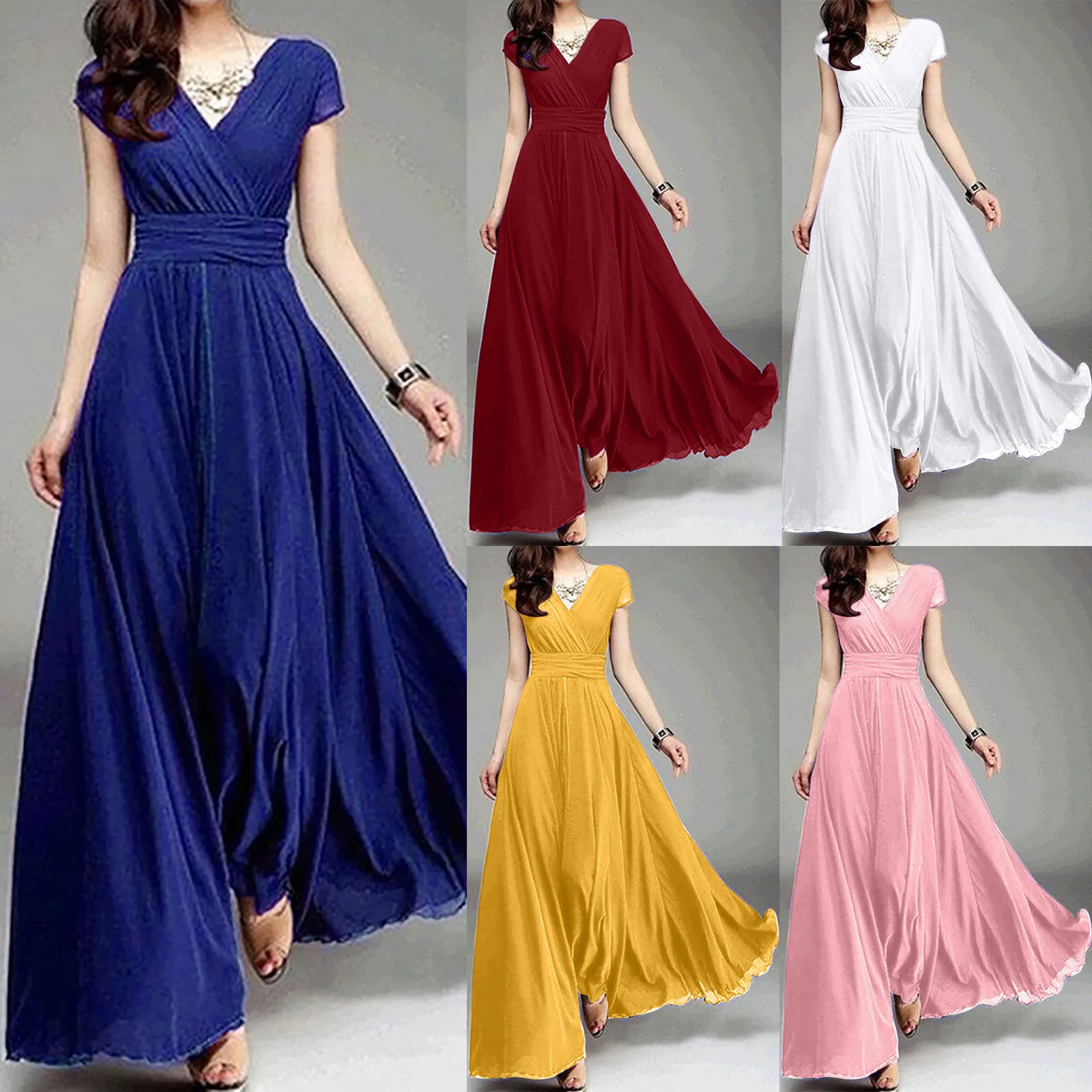 Women\'s Backless V-Neck Solid Color Short Sleeve Chiffon Waist Party Dresses Ladies Elegance Temperament Luxury Evening Dresses