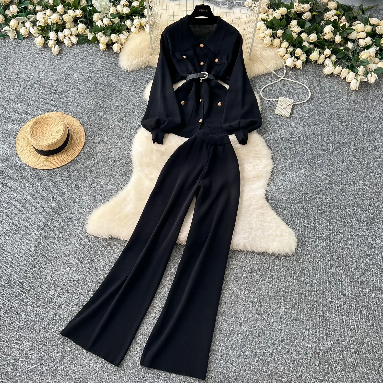 

Women Pant Set Two Piece Sets Turn Down Collar Full Sleeve Knit Tops Wide Leg Long Pants High Waist Y2k Streetwear Autumn Winter