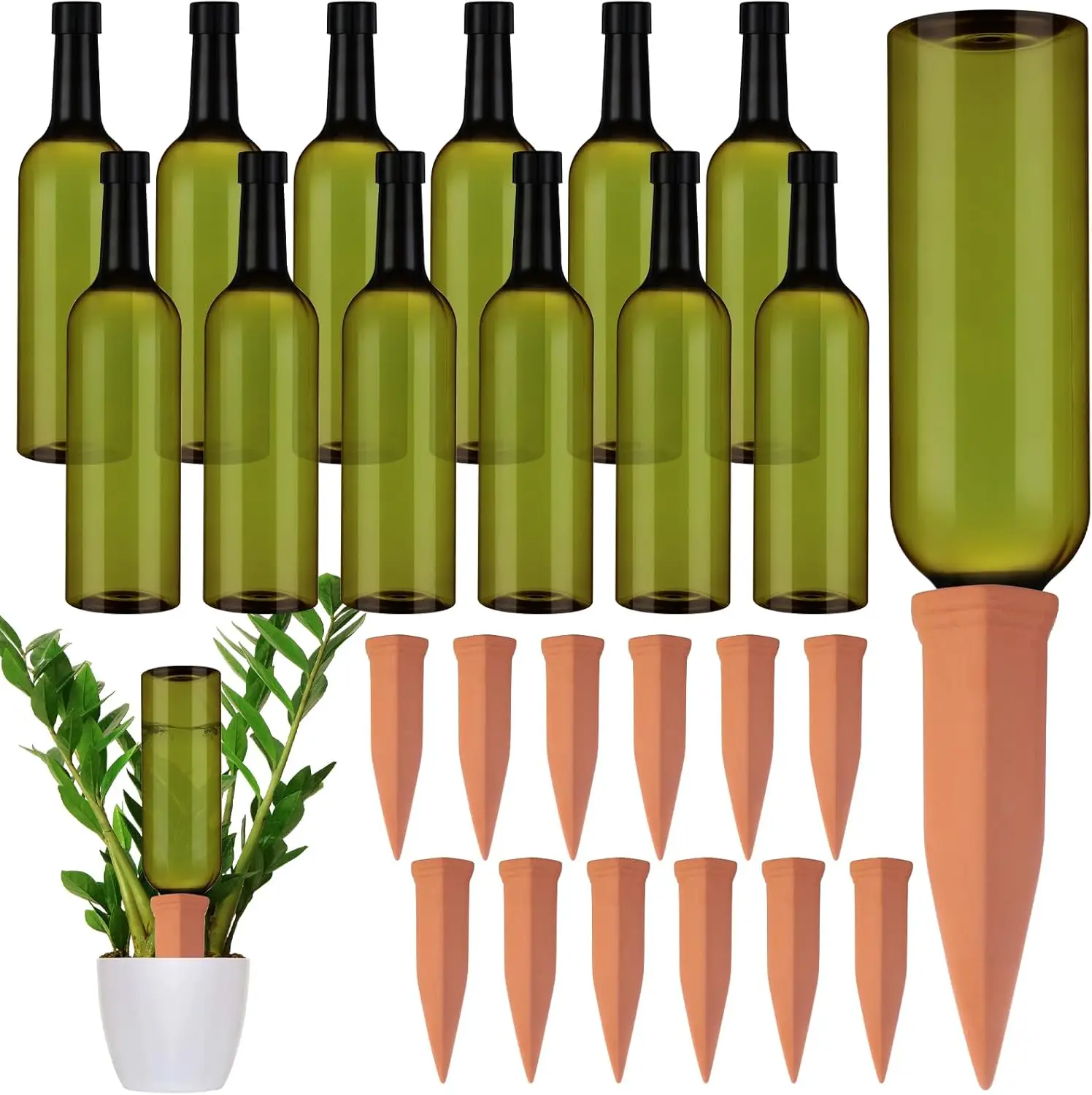 

12 Self Watering Spikes with Bottles, Automatic Plant Waterer for Vacation, Green & Terracotta