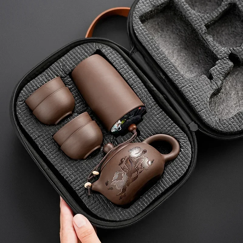 

Purple Clay Travel Tea Set, One Pot, Four Cups, Outdoor Portable Storage