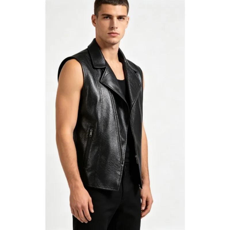

New Leather Vest Mens Slim Vest punk PU Leather Motorcycle Sleeveless Waistcoat Men's Casual Trend Versatile Vest Jacket