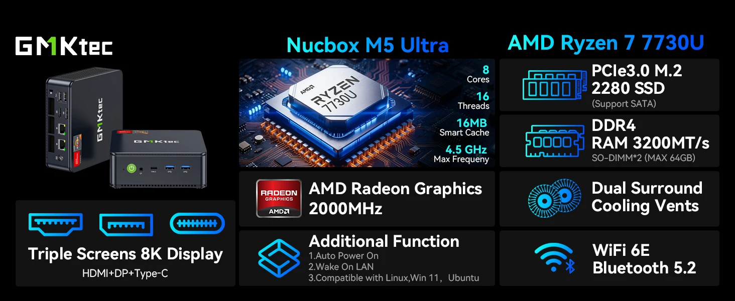 GMKtec M5 Ultra Nucbox Mini PC AMD Ryzen 7 7730U DDR4 3200MT/s Dual Fan Triple Display WiFi6E BT5.2 Desktop Computer Win11 Pro