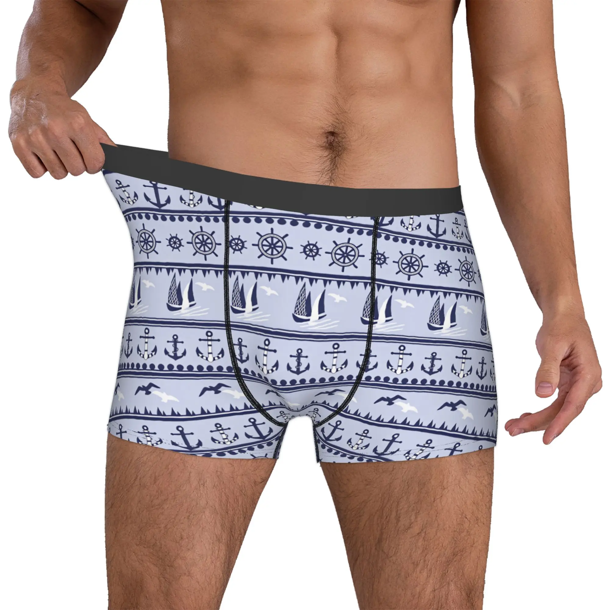 Novelty Nautical Anchors Sailboats Seagulls Boxers Shorts Panties Male Underpants Stretch Ship Wheels Briefs Underwear