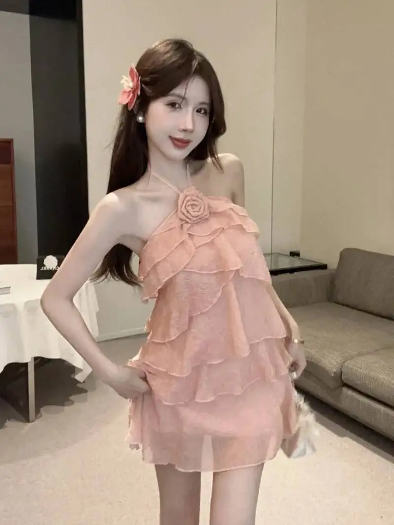 Pure Desire-vestido con cuello colgante y diseño de volantes para chica picante, vestido multicapa con flores y espalda descubierta, moda elegante y dulce 6YDL