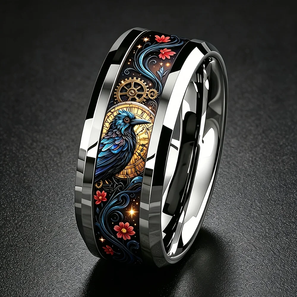 Gothic Steampunk Crow Stainless Steel Ring for Him Vintage Clock Gear Flower Rings For Men Punk   Rock Biker Daily Wear Jewelry
