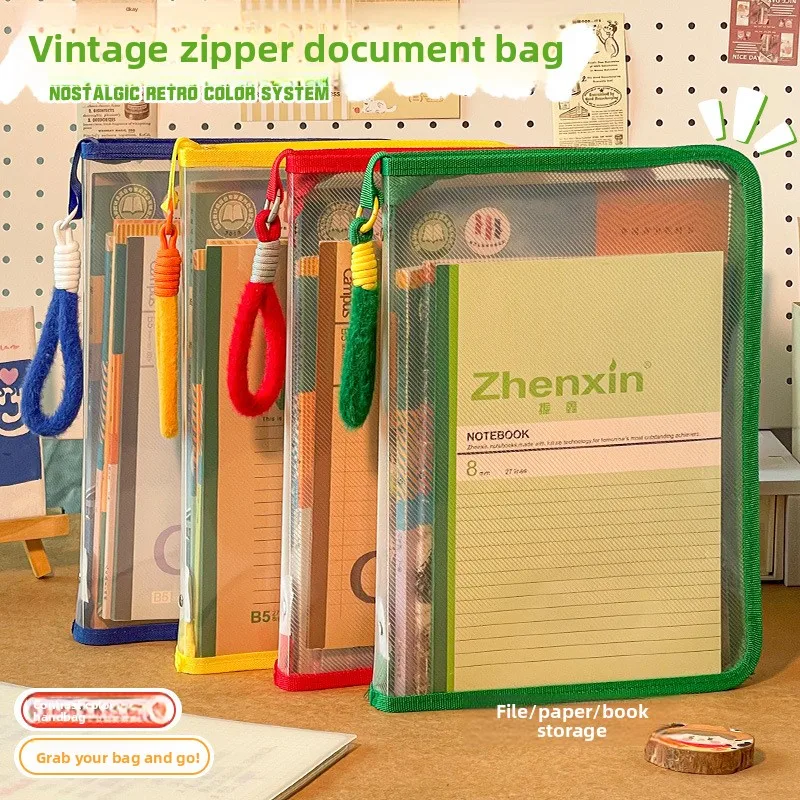 A4 Retro Zippered File Pouch Student Test Paper Book Storage Bag Thick Single-Layer Transparent Zipper L-Shaped Subject