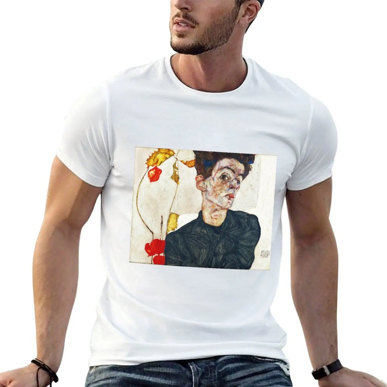 HD Self Portrait with Physalis by Egon Schiele 1914 HIGH DEFINITION T-Shirt Lightweight Gym Training T-Shirt