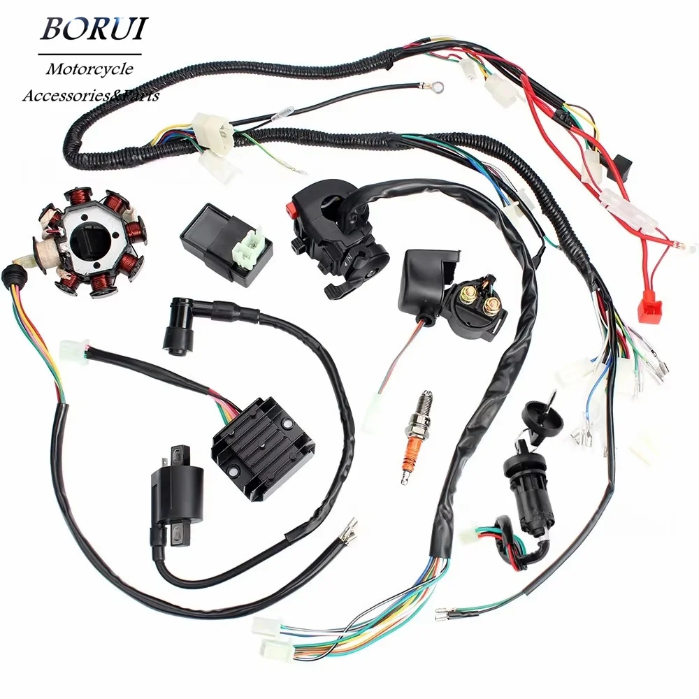 

Wiring Harness CDI Spark plug Ignition Coil Switch Solenoid Relay Rectifier Stator Kit for Dirt Bike ATV QUAD 150 250 300CC
