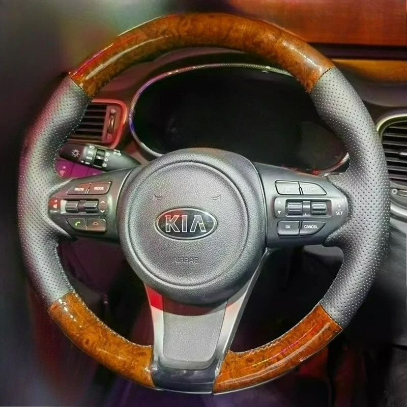 

Hand Stitched renovation wear-resistant black peach wood color leather car Steering wheel cover For Kia K5 Optima 2014 2015