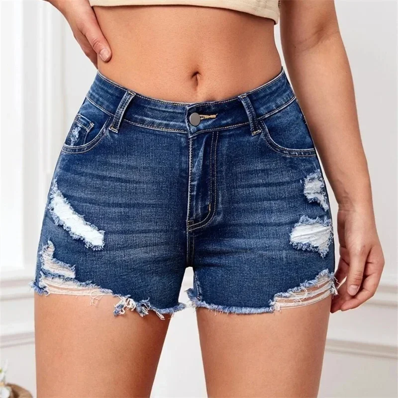 

High Waist Slim Fit Button Splicing Denim Shorts Summer Fashion Daily Casual Hollow Out Three Quarter Pants Trend Women's Jeans