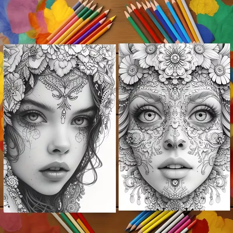 A4 Masked Beauties Adult Coloring Book Elegant Mysterious Portraits Stress Relief Relaxation Creative Gift