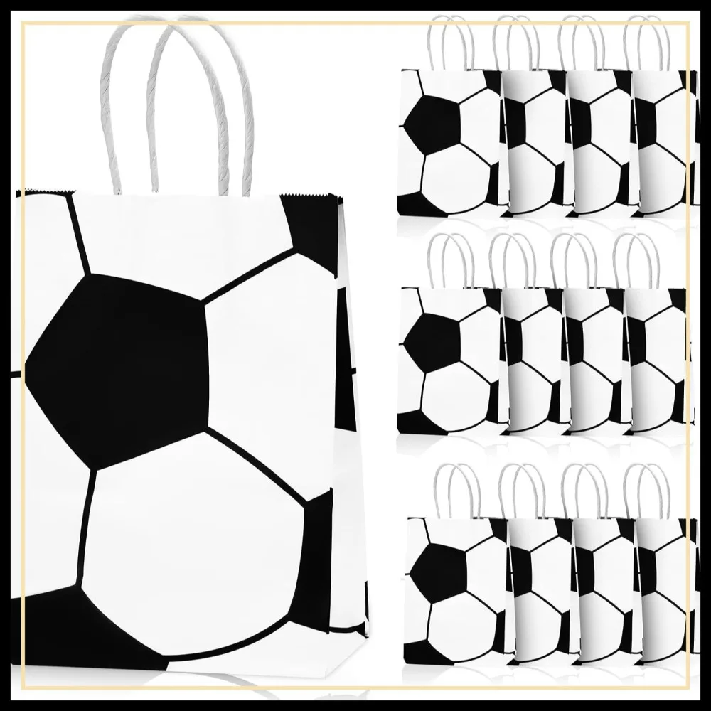 12 Pcs Soccer Party Favor Bags with Handles, Paper Gift Bags for Kids Adults, Soccer Themed Goodie Bags Treat Candy Bags