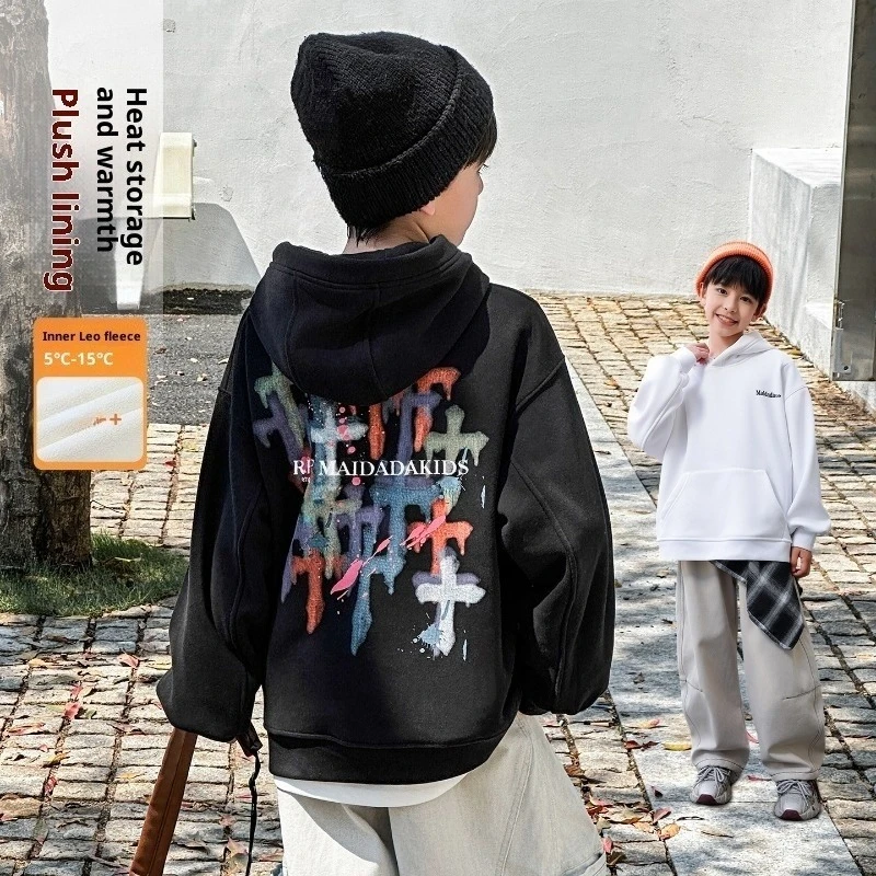 

2025 Autumn/Winter New Arrival Boys' Fleece-Lined Hooded Sweatshirt Panda YuanYuan Streetwear Print Children's Winter Top