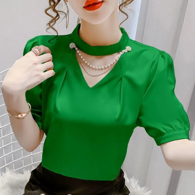 Fashion Spliced Beading Hollow Out Puff Sleeve T-Shirt Women\'s Clothing 2023 Summer New Oversized Casual Tops Sweet Tee Shirt