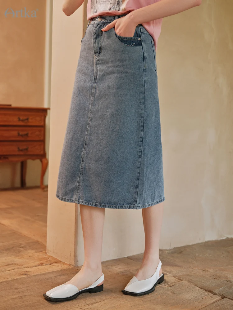 ARTKA 2022 Summer New Women Skirt Fashion Casual Midi Retro Washed Denim Skirts High Waist A-Line Straight Skirt Female QN29025X