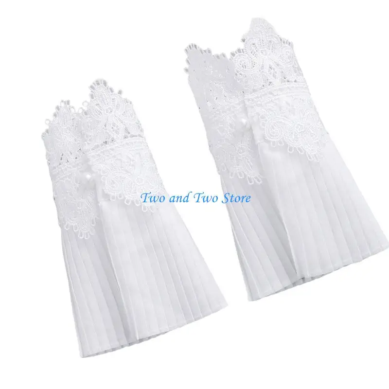 HX6F Breathable Lace Arm Cuffs Sleeves Pleated Embroidery Flower Faux Arm Sleeves