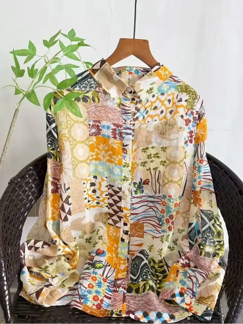 

Рубашка женская 2026 в стиле ретро-бохо из 100% рами с длинными рукавами и яркими цветочными узорами, блузка в стиле хиппи-бохо