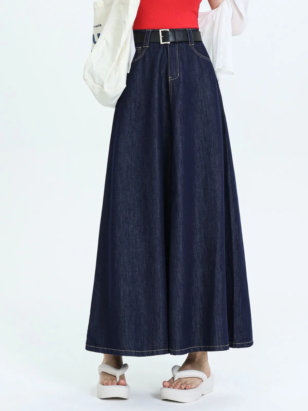 

ZHISILAO Vintage High Waist A-line Long Skirt Women Solid Thin Soft Denim Skirt Summer 2024