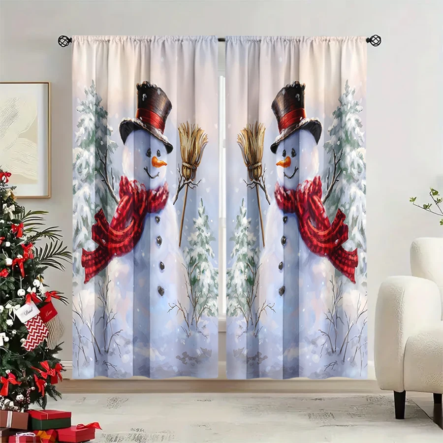 2PCS Christmas Winter Curtains, Watercolor Snowman Hat Scarf Broom Forest Snow, Digital Print, Bedroom Living Room, Home Decor