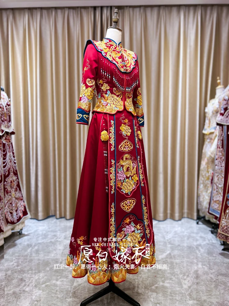 Dark Red Satin Embroidered and Gown Bridal Clothing 2025 New Wedding Chinese Dress Xiuhe