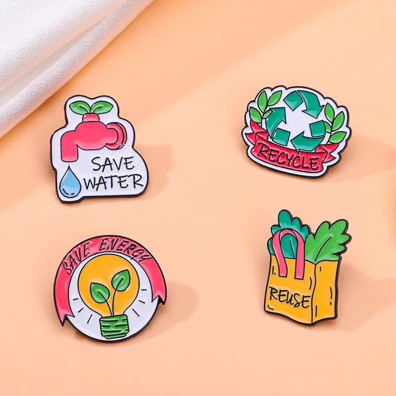 Creative Eco-Friendly Brooch Light bulb Faucet Energy Saving Water Recycling Logo Reuse Bag Cartoon Badge Punk Pins Jewelry Gift