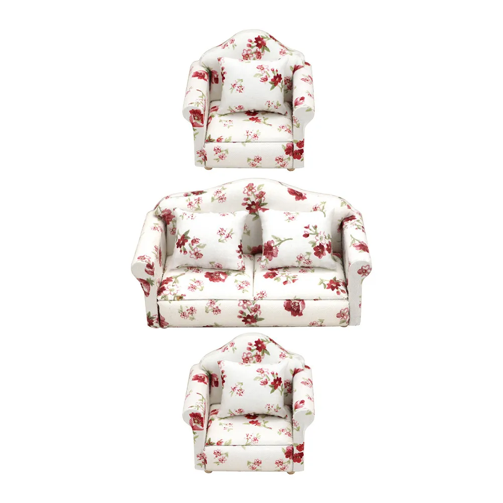 

1Set Mini Sofa Adornment for Mini House DIY Decoration Lifelike Exquisite Miniature Sofa with Flower Patterns and Accessories