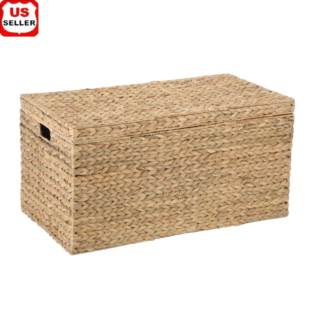 

Water Hyacinth Storage Trunk Woven Rectangular Basket with Cut-Out Handles Organizing Blankets Toys Magazines in Living Room