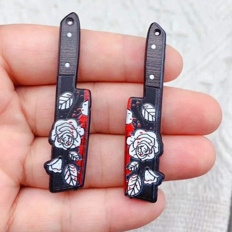 Double-Sided Gothic Black Flower Dagger Acrylic Charms, 10pcs