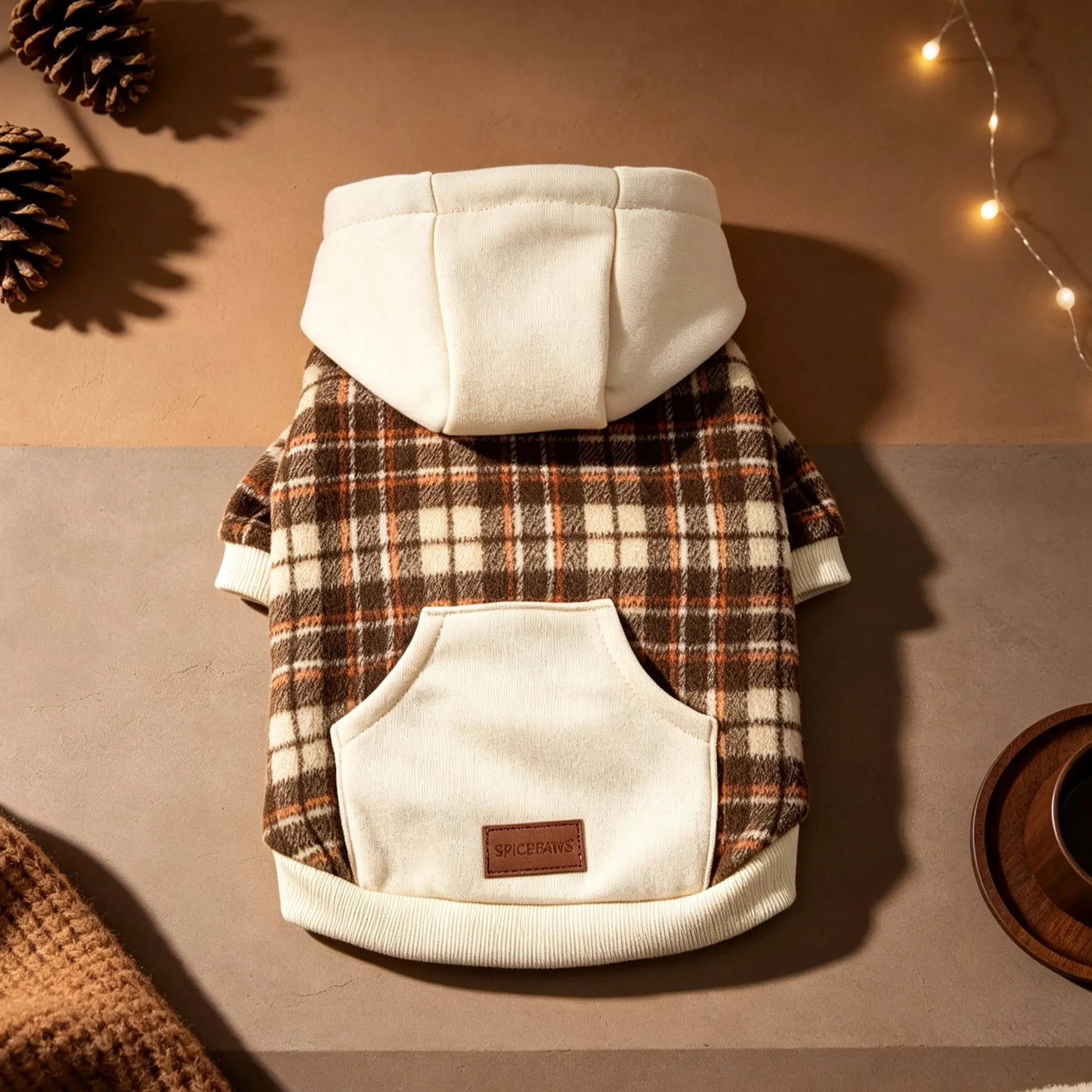 Hundejacke, Vintage-Karomuster in Braun, farblich abgesetzte Kapuze, Kragen mit Druckknöpfen und Taschen, weiche, warme Jacke. – Detail 3