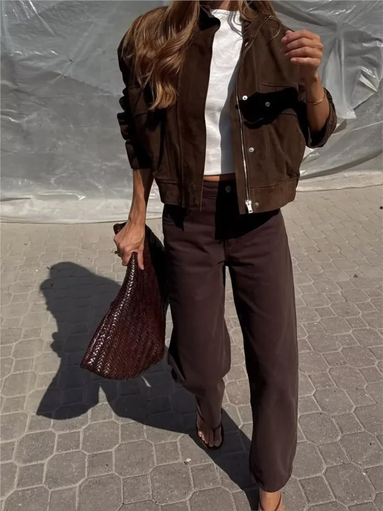 Kurtka damska NERHEFZ z kieszeniami, jesień, wysoki kołnierz, długi rękaw, zamszowa kurtka skórzana damska, płaszcze damskie, codzienne, eleganckie topy damskie