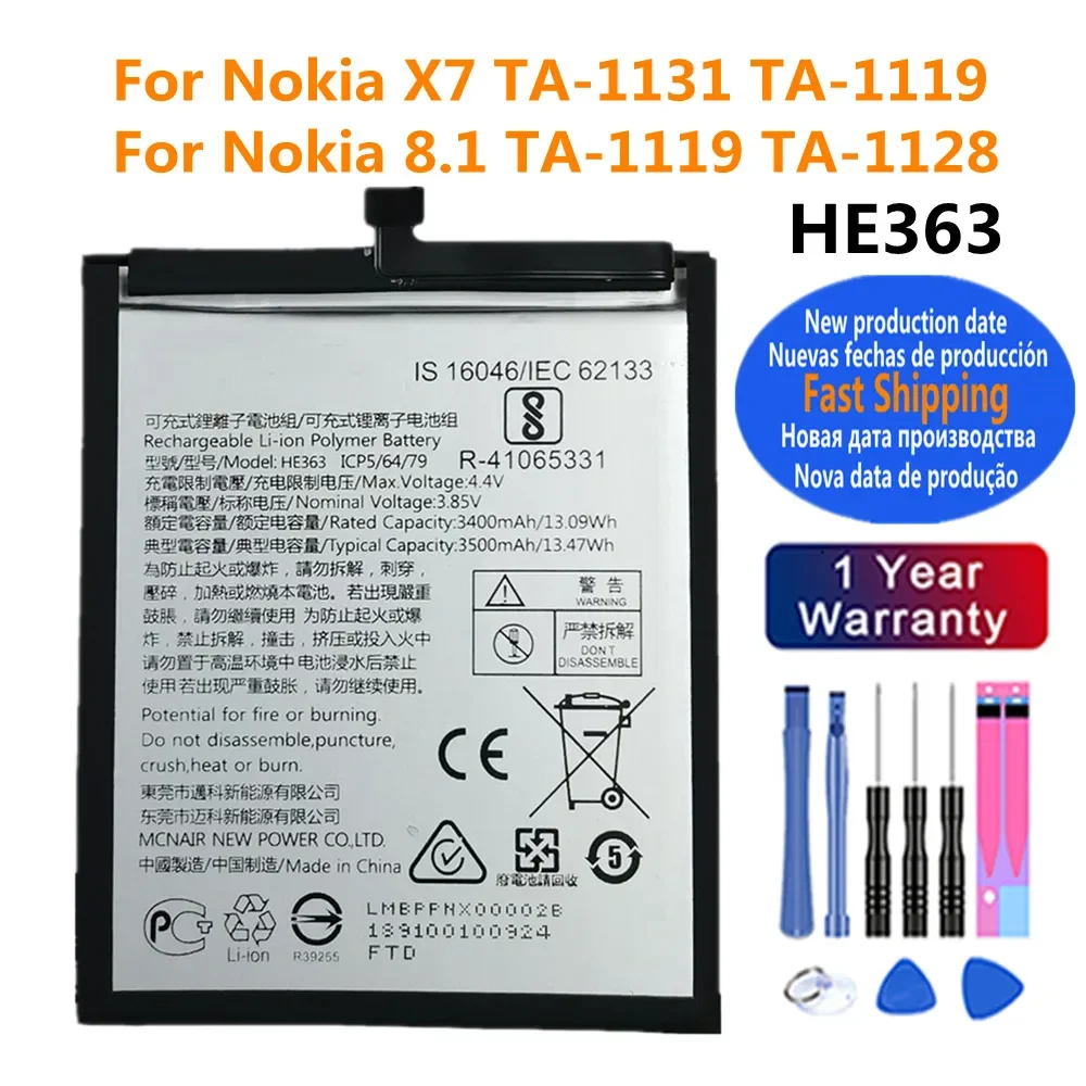 

High Quality HE363 Orginal Battery For For Nokia 8.1 TA-1119 TA-1128 Nokia X7 TA-1131 TA-1119 3500mAh Phone Replacement Battery