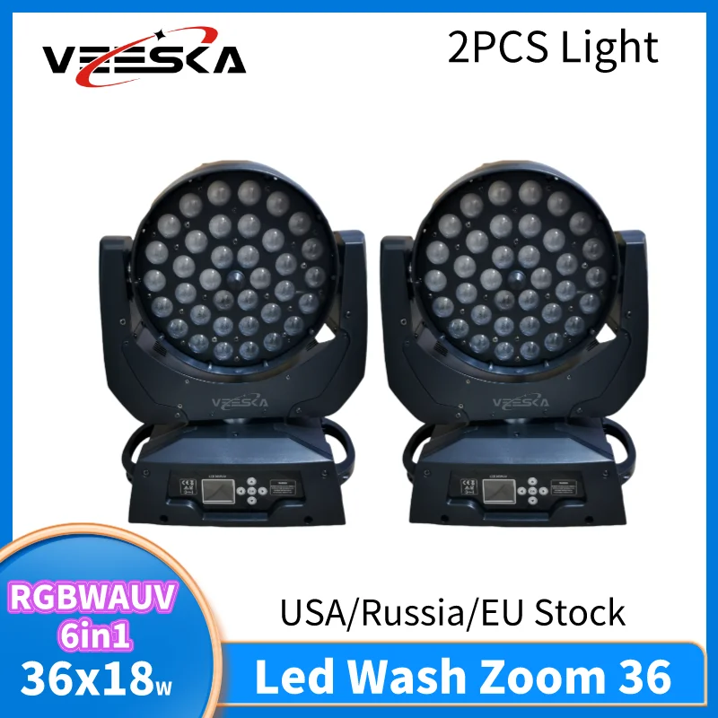 2pcs movinghead with flightcase Stage Disco DJ led moving head dmx 36x18 watt wash beam rgbw 4in1 led moving head zoom light