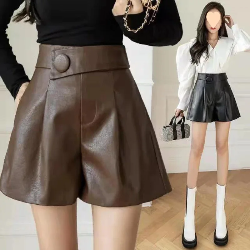 

Korean Y2K Leather Shorts High Waisted Women European American Plus Loose Fit Wide Leg Pants Boots PU Leather Commute Pants New