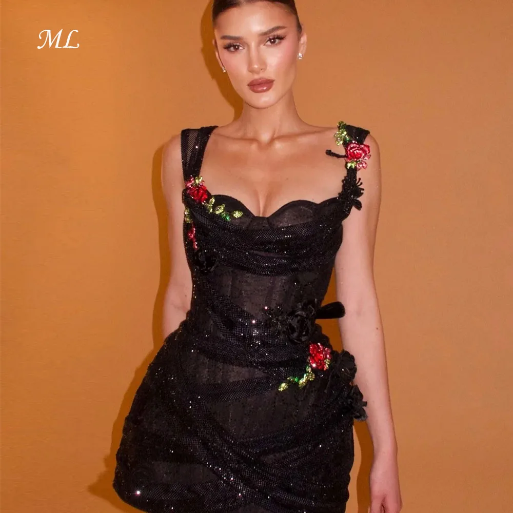 

MLCustomized Black Beaded Flowers Prom Dresses Spaghetti Strap فساتين للمناسبات الخاصة Short Skirt vest