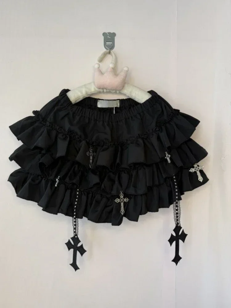 Summer Gothic Y2k Elastic Waist Cross Short Skirt Women High Street Chic Thin Hot Girl Skirts Female Aesthetic New Punk Outfits