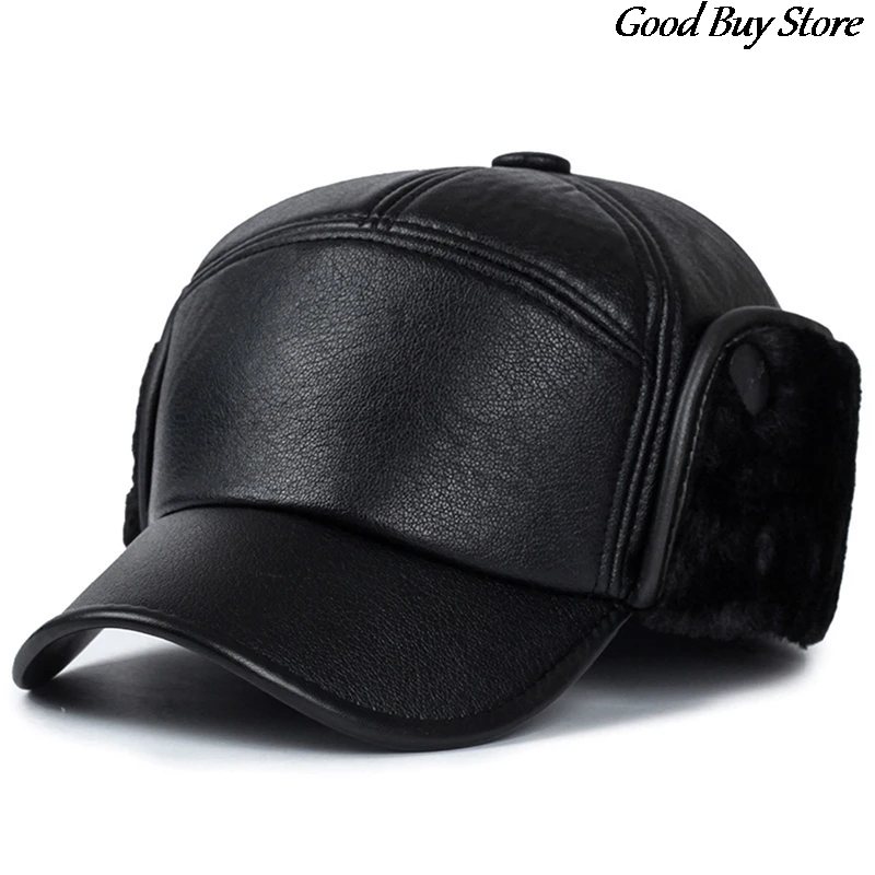 Leather Fur Snapback Caps with Earmuffs Ear Protection Bomber Hats Men Winter Baseball Hat Warm Visors Casquette Fishing Skiing