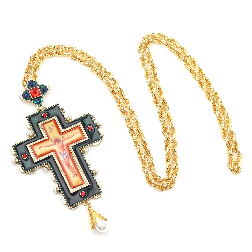 Crown Pectoral Cross Orthodox Jesus Crucifix Necklace Retro Religious crystal necklace Men & women chain Long Necklace