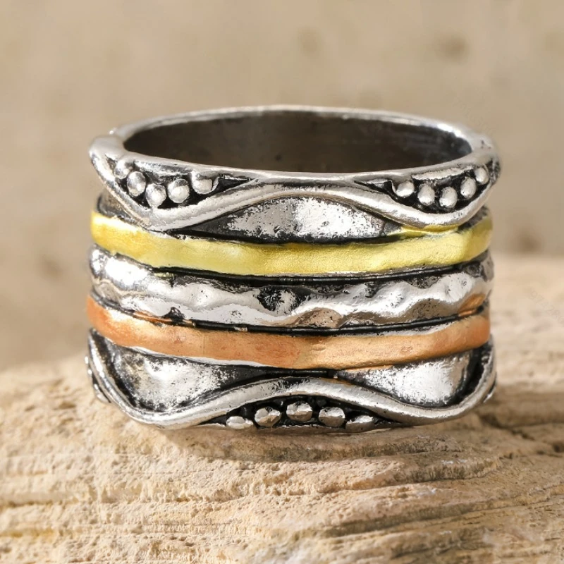 Vintage-Trend Unregelmäßiger Mehrfarbiger Breiter Ring, Personalisierter Ethnischer Stil Urlaubs-Accessoires Schmuck für Damen